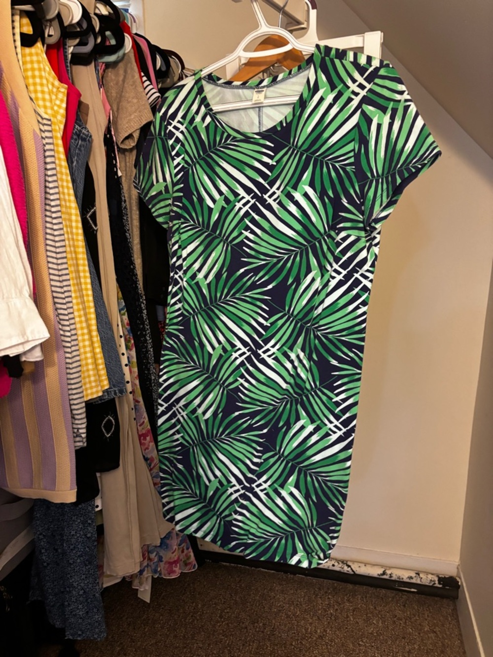Old Navy Navy Dress with Green and White Palm Print